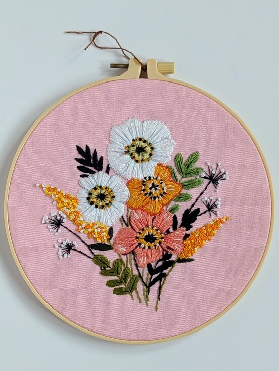 Other - Handmade Embroidered Floral Hoop Art Pink Background Botanical Wall Decor